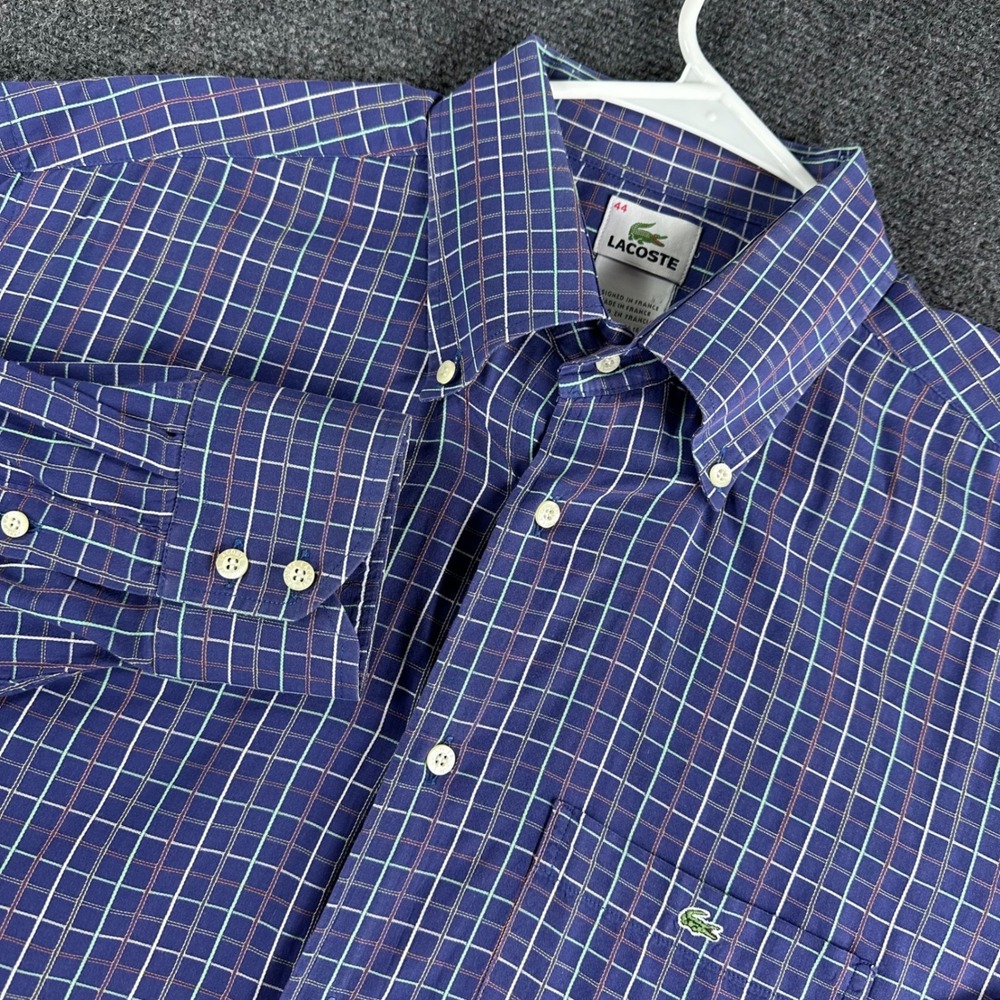 Lacoste Button Down Mens 44 XL Blue Plaid Windowpane Long Sleeve Made in France
